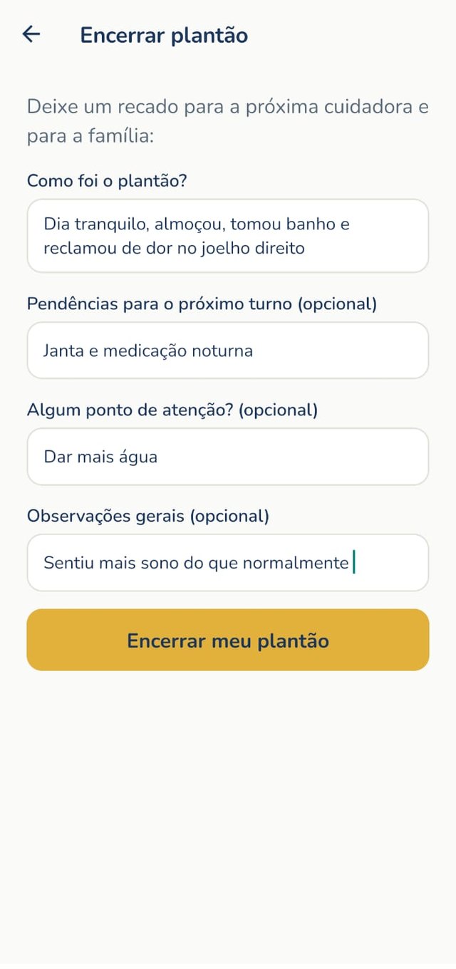 Formulário de encerrar plantão, com campos para contar como foi o dia e o que ficou pendente